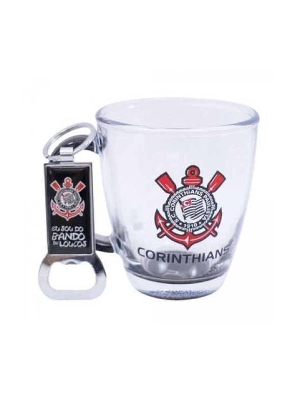 CANECA VIDRO 370 ML CORINTHIANS + ABRIDOR DE GARRAFA