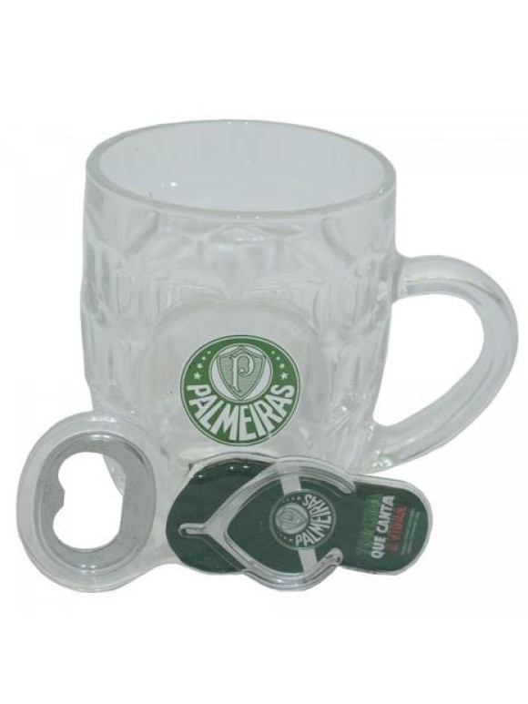 CANECA DE VIDRO 300ML PALMEIRAS + ABRIDOR DE GARRAFA