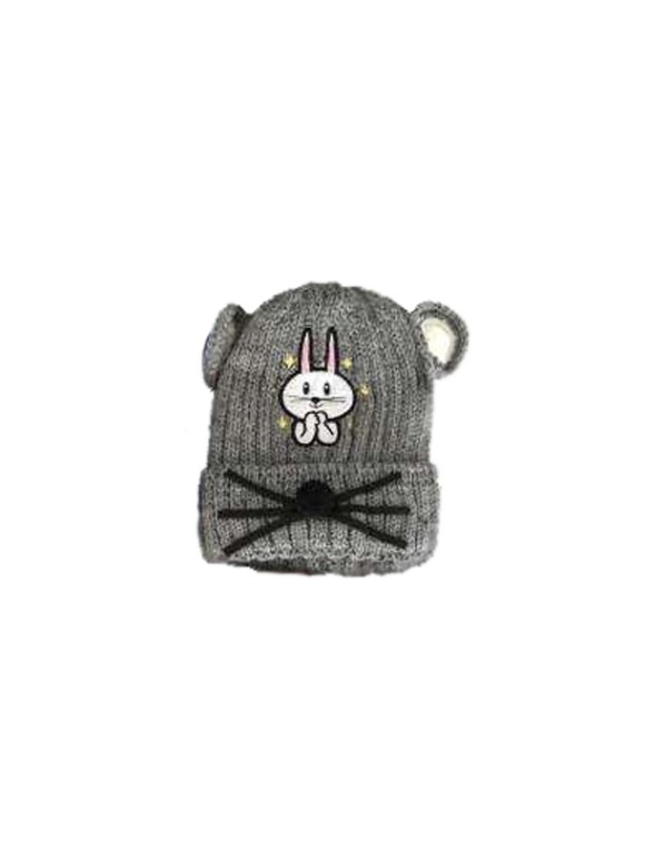 GORRO INFANTIL CINZA COM ORELHAS E ESTAMPA DE COELHINHO